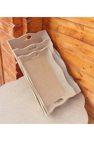 Ham Ahşap Açılı Tepsi 3Lü Set- Dekoratif Tepsi 3 Lü