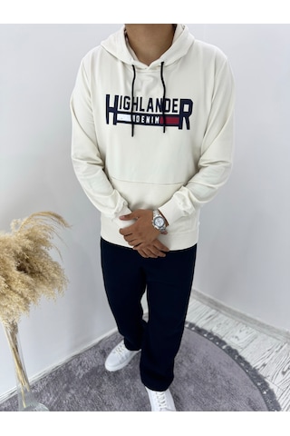 Say-Has Fashion Kapüşonlu Göğüs Baskılı Sweatshirt Bej