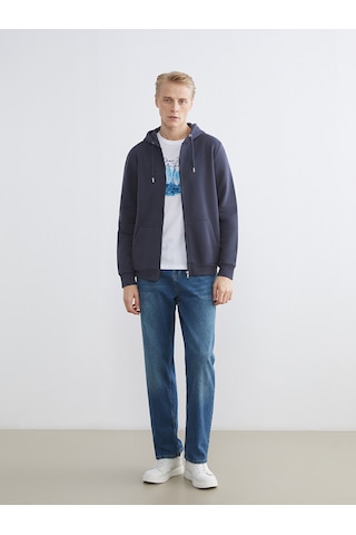 Lcwaıkıkı Classic İndigo Kapüşonlu Uzun Kollu Erkek Fermuarlı Sweatshirt