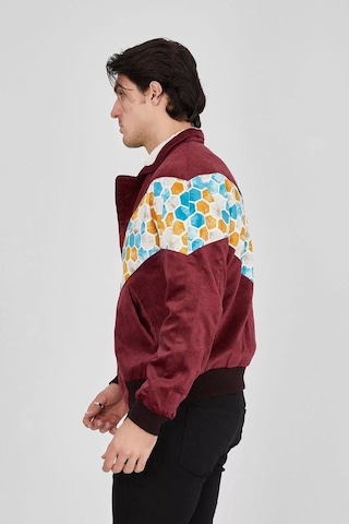 Erkek İçi Astarlı İçten Yaka Kısmı Peluşlu Beyaz Şeritli Vintage Ceket - Mürdüm Mürdüm