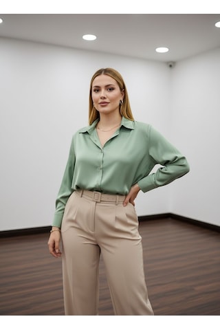 Pera Moda Büyük Beden İpek Saten Klasik Gömlek Çağla