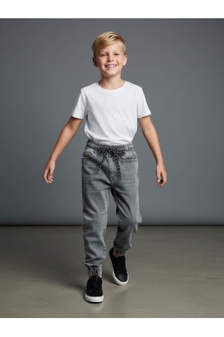 Zekids Erkek Çocuk Yumuşak Dokulu Beli Paçası Lastikli Kot Pantolon-16661 Mavi