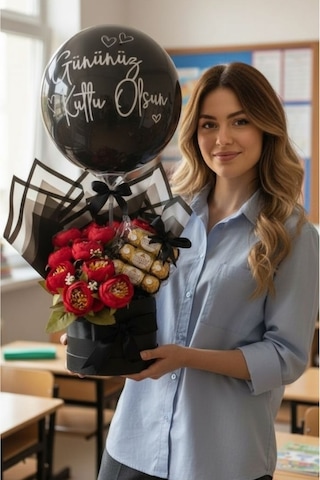 Balon Hediye Kutusu Öğretmenler Günü Anneler Günü Sevgililer Günü Siyah