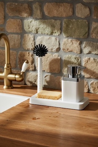 Grimorlife Fırçalı Sıvı Sabunluk Ve Sünger Seti - Standlı Plastik Mutfak Banyo Sabunluk Lifli Sünger Hediyeli Beyaz
