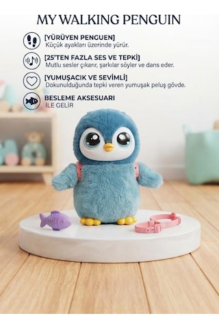 Gioc-hi Prezi-osi Lisanslı Sevimli Yürüyen Peluş Penguen 25+ Ses Ve İfadeli Tasmalı Akıllı Penguen