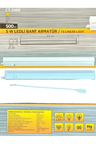 Cata Ct-2466 5w 3200k Günışığı Ledli Bant Armatür 8 Adet Beyaz
