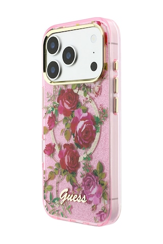 Apple iPhone 18 Pro Uyumlu Kılıf Guess Lisanslı M-safeli Gül Desenli Simli Yazı Logolu Kapak Pembe