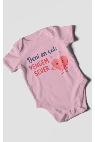 Morivokids Beni En Çok Yengem Sever Kısa Kollu Bebek Body %100 Pamuk Koyu Pembe