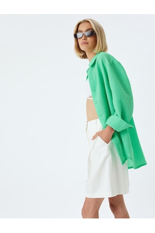 Koton Oversize Gömlek Dokulu Uzun Kollu Yeşil 4sak60179ew Yeşil