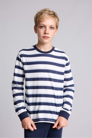Defacto Çizgili Uzun Kollu Pijama Üstü Esnek Belli Uzun Pijama Altı 2li Pijama Takımı Erkek Çocuk I1188a826aunv135 Lacivert-nv135