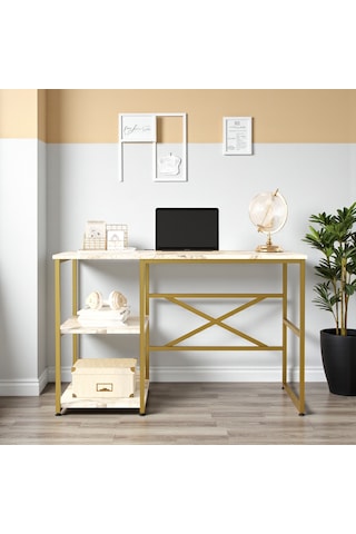 Robin Home Gold Metal Çalışma Masası Raflı 120cm Mermer Desen Mermer