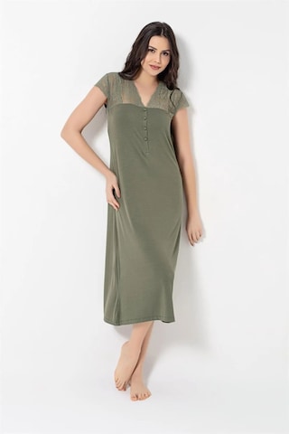 Monamise 18487 Kadın Kısa Kollu Brode Dantelli Gecelik-haki Haki