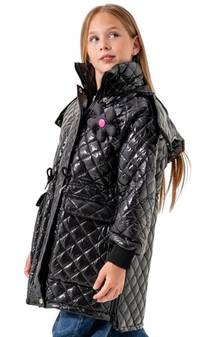 Kız Çocuk Kapitone Model Kapüşonu Çıkabilen İçi Astarlı Etek Kısmı Fermuarlı Parlak Siyah Renk Mont Siyah