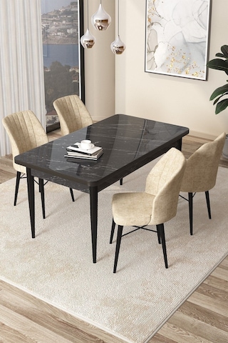 Canisa Arp Serisi 70x110 Sabit Mutfak Masası Takımı Siyah Mermer Desen Masa 4 Krem Sandalye Beyaz
