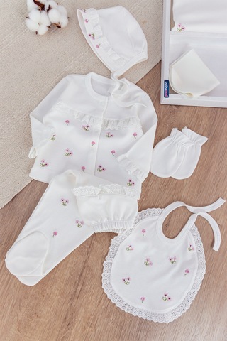 Çiçek İşlemeli Güpürlü Pamuklu 10 Parça Kız Bebek Hastane Çıkışı Bebek Takımı Beyaz