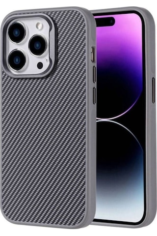 Apple Uyumlu iPhone 14 Pro Max Kılıf M-safe Şarj Özellikli Karbon Fiber Görünümlü Zore Troy Kapak Gümüş