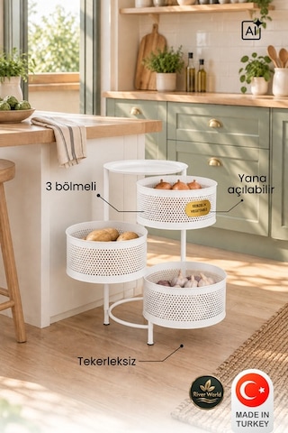 River World Tekerleksiz Rengi Beyaz Açılabilen 3 Katlı Çok Amaçlı Metal Raf Mutfak, Balkon, Kiler Çok Renkli