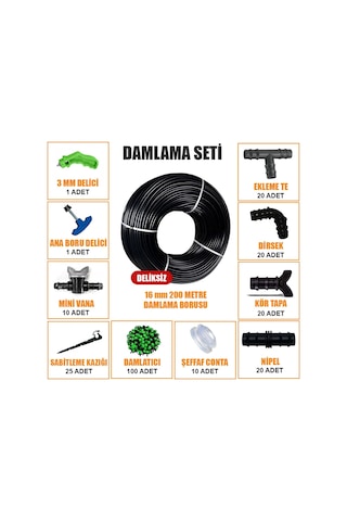 Damla Sulama Seti 200 Metre Damlama Hortumu Ve Ek Parçaları Bahçe Ağaç Fidan Sebze Sulama Ekipmanları Damlama Borusu Sistemi