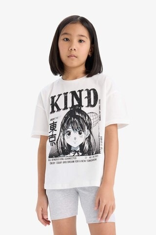 DeFacto Kız Çocuk Pamuklu 2'li Takım Baskılı Kısa Kollu Tişört Biker Tayt E7317A825HSER105 Ekru