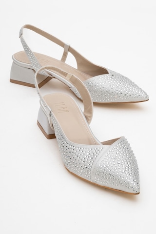 Sella Gümüş Saten Taşlı Kadın Kısa Topuklu Ayakkkabı Gümüş
