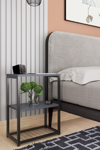 Metal Ayaklı Ve Ahşap Raflı Dekoratif Komodin Antrasit Gri Antrasit