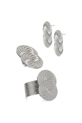 Kadın Lak Gümüş Renk Kaplama Spiral Baskılı Tasarım Küpe &yüzük &bilekik Set Gümüş