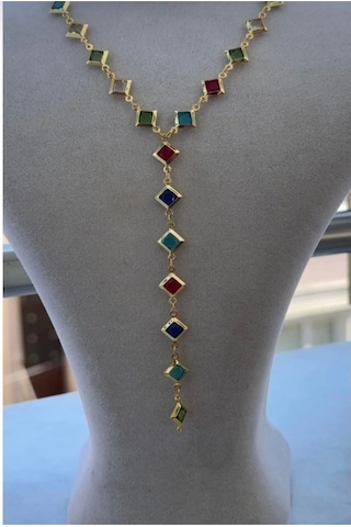 Kadın Gold Renk Zirkon Taşlı Renkli Y Model Kolye Gold