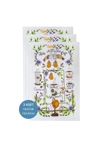 3lü Paket Baskılı Beyaz Mutfak Havlusu Modeli Coffee Mocha