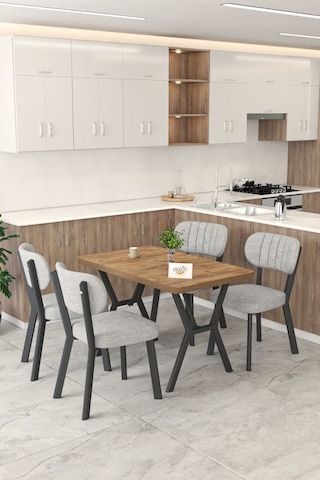 Gnr 70x110cm Sabit Atlantik Mutfak Masası Takımı, Yemek Masası, 4 Modern Gri Sandalye Gri