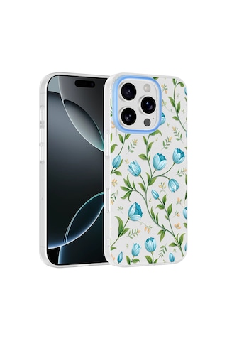 Apple iPhone Uyumlu 16 Pro Max Kılıf Kamera Korumalı Desenli Zore Klip Kapak - Mavi Lale -