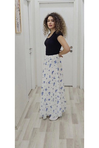 Bel Lastikli Kloş Şifon Etek 6003-beyaz/mavi Beyaz/mavi Beyaz - Mavi
