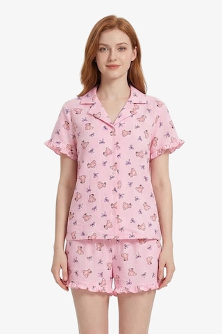 Cottonhill Pudra Ayıcık Desenli Bürümcük Gömlek Yaka Kadın Şortlu Pijama Takımı