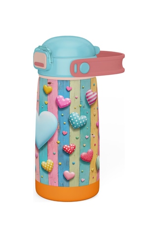 Puccon 420 Ml Turkuaz Pembe Kız Çocuk Kalp Desenli Çelik Matara - 60012