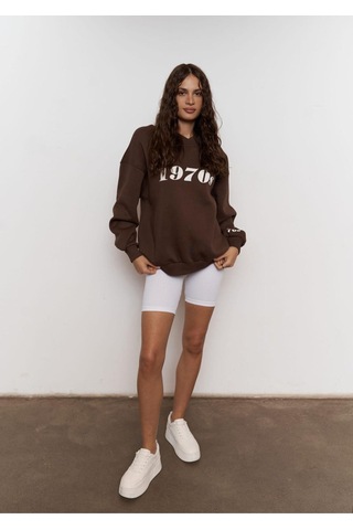 Kadın Katlamalı V Yaka 1970's Baskılı Oversize Sweatshirt Kahverengi