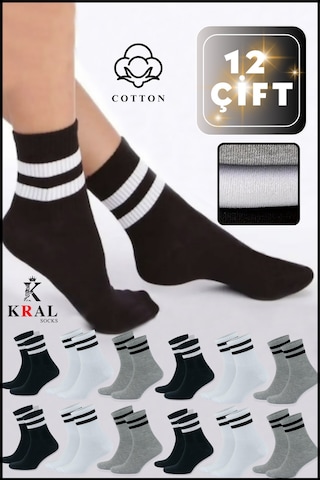 Kral Socks Erkek Kadın 12 Çift Çizgili Kolej Tenis Çorabı Pamuklu Terletmez Çorap Asorti