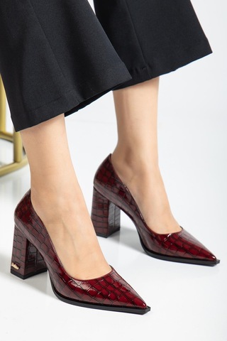 Suins Premium Kevin Model Kadın Kalın Topuklu Kroko Stiletto Ayakkabı Bordo