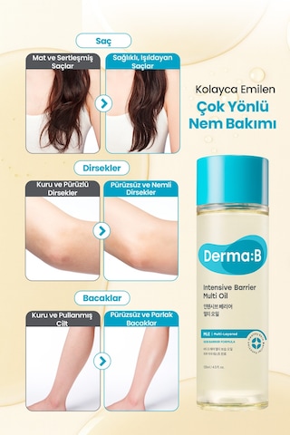 15 Bitkisel Yağ İçerikli, Hızlı Emilen, Nemlendirici Vücut Yağı Derma:b Intensive Barrier Multi Oil