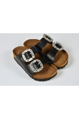 Kız Çocuk Mantar Tabanlı Çift Tokalı Ortopedik Birkeen Arizona Taşlı Terlik Siyah