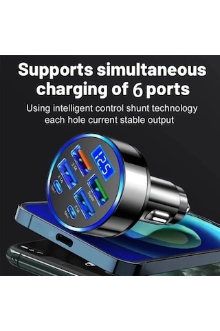 Zensaas41 6 Portlu Hızlı Araç Şarj Cihazı 4 Usb + 2 Type-c Çıkışlı Dijital Göstergeli Oto Şarjı Zensaa5