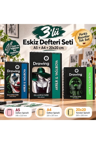 3 Lü Akrilik Ve Yağlı Boya Defter Seti A5 A4 20x20 Cm, Akrilik Ve Yağlı Boya Uyumlu