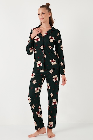 Lela Streç Standart Fit Desenli Bayan Pijama Takımı 60956602 Yeşil