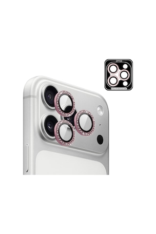 Apple iPhone Uyumlu 17 Pro / Apple iPhone Uyumlu 17 Pro Max İçin Ipg Prolens Kamera Lens Koruyucu Elmas Taş Çerçeveli, Kırılmaz Cam Pembe