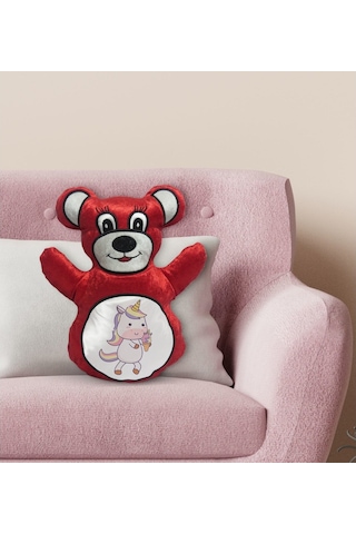 Bk Gift Unicorn Tasarımlı Kırmızı Ayıcık Yastık-1