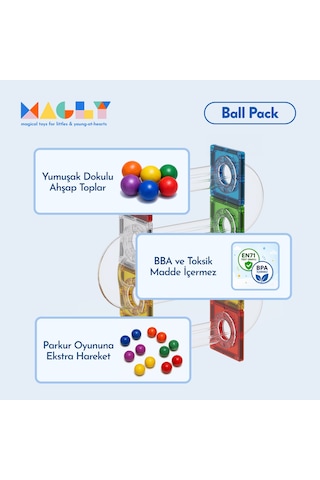 Magly Ball Pack Top Seti Ball Run İle Uyumlu Top Eklentisi - Çocuklar İçin 12 Adet Renkli Ahşap Top
