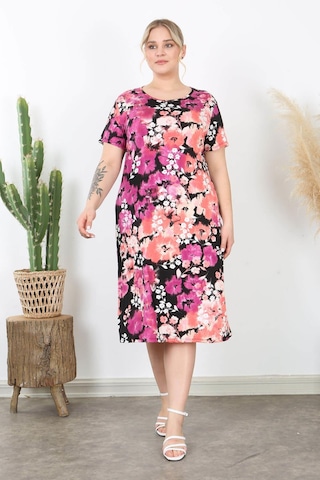 Kadın Pembe Somon Kırçiçeği Desen Midi Elbise Pembe