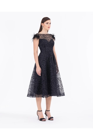 Kayık Yaka Tül Detaylı Simli Abiye-siyah Siyah