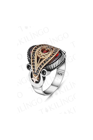 Takılingo 925 Ayar Gümüş Ayyıldız İşlemeli Kırmızı Zirkon Taşlı Kadın Yüzük Gümüş