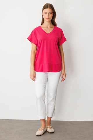 On Kadın Büyük Beden V Yaka Parçalı T-shirt 71476 Fuşya