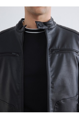 Lcwaıkıkı Classic Siyah Regular Fit Dik Yaka Erkek Deri Görünümlü Ceket