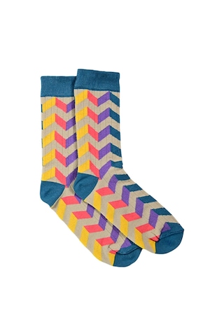 Kadın Yeşil-mor Zikzak Desenli Soket Çorap Renkli